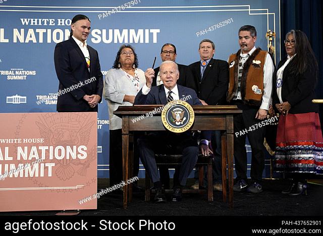 United States President Joe Biden signs an Executive Order on Reforming Federal Support for Tribal Nations at the Department of the Interior in Washington