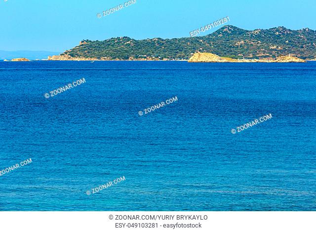 Sea scenery with camp on shore, view from coast (Ouranoupoli, Athos peninsula, Chalcidice, Greece)