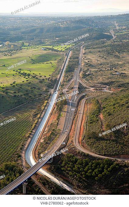 Aerial view of several roads an channnel. N-430 and Dehesa Channel. Casas de Don Pedro, Badajoz province, Extremadura region, Spain
