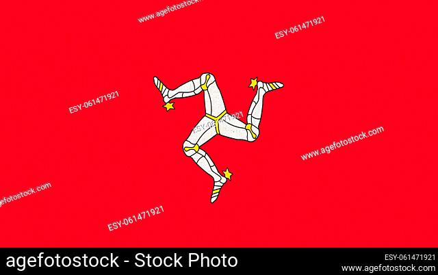 Flag of Isle of Man. Mann flag on fabric surface. Island of Mann national flag on textured background. Fabric texture. Island country. 3D illustration