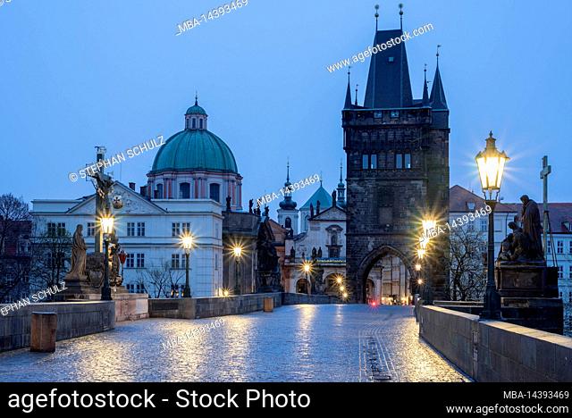 Charles Bridge, Old Town Bridge Tower, Church of the Holy Cross, Prague, Czech Republic