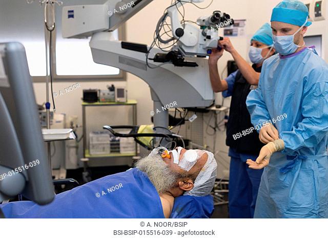 Reportage in the ophthalmology service in Pasteur 2 Hospital, Nice, France. In the operating theatre, treatment of a retinal detachment through vitrectomy