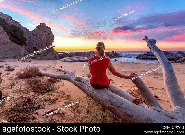 Sitting on large driftwood tree aged and whitened by the salt air and water, watching a glorious sunrise take shape and colour the clouds