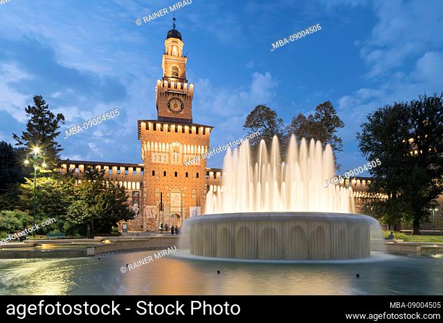 Piazza Castello fountain, Torre del Filarete, Milan, Lombardy, Italy