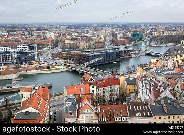 Aerial view from Garrison Church in Old Town of Wroclaw, Poland - view with Oder river bank
