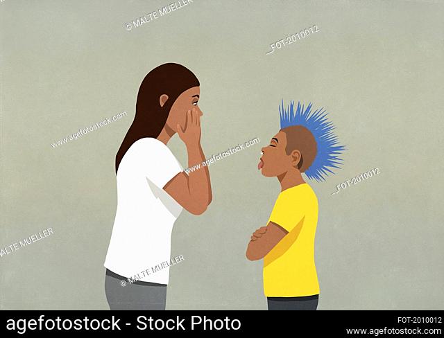 Shocked mother looking at son with mohawk sticking out tongue