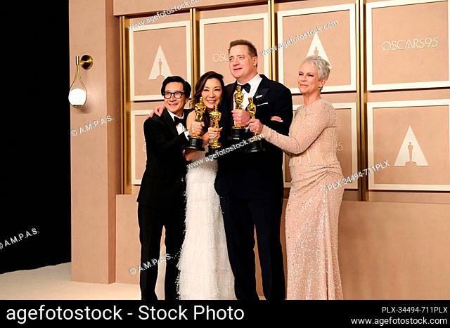 Ke Huy Quan, Michelle Yeoh, Brendan Frasier and Jamie Lee Curtis pose backstage with their Best Acting Oscars® during the live ABC telecast of the 95th Oscars®...