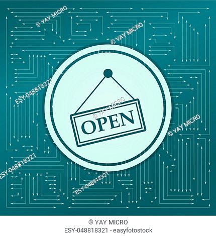 Open Icon on a green background, with arrows in different directions. It appears on the electronic board. illustration