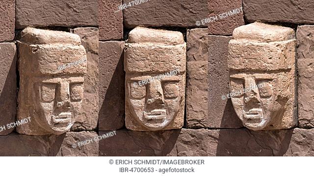 Stone head in Tihuanaku, 3 views, ruins of pre-Inca cultures, Bolivia