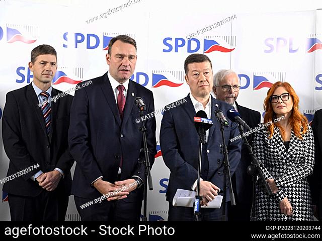 (L-R) Former MEP Petr Mach (SPD), SPD movement deputy chairman Radim Fiala, SPD movement chairman Tomio Okamura, MEP Ivan David (SPD) and Tricolour chairwoman...