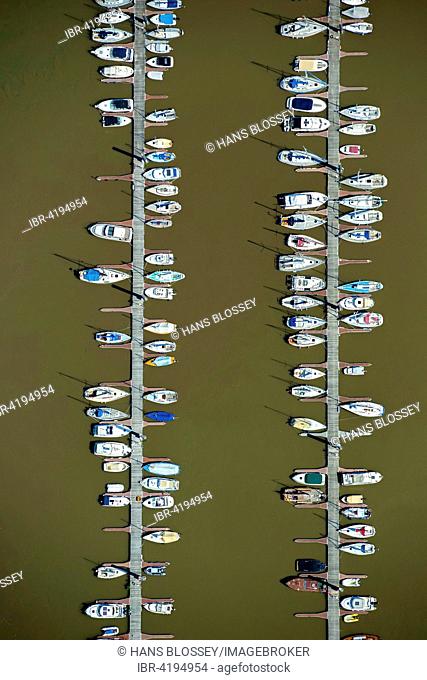 Aerial view, sailboats, landing stage, Hamburger Yachthafen-Gemeinschaft e.V., Elbe, Wedel, Schleswig-Holstein, Germany