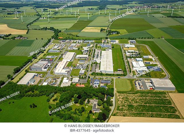 Aerial view, Industrial District commercial area, wind turbines behind, Belecke, Warstein, Sauerland, North Rhine-Westphalia, Germany