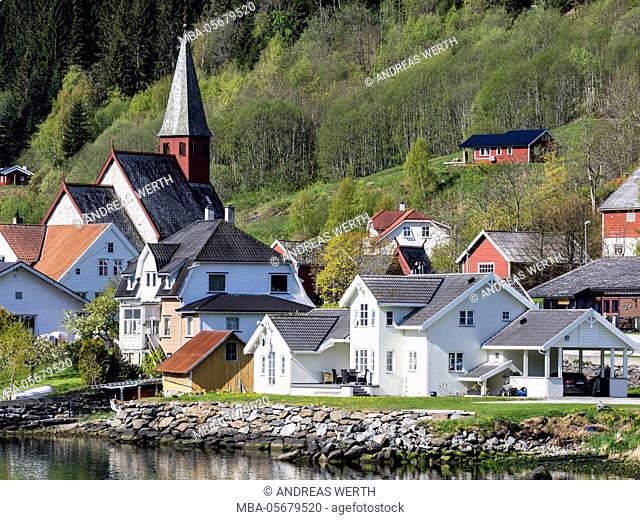 Historical church of Dalen at the Lustrafjord, inner branch of the Sognefjord, Sogn og Fjordane, Norway