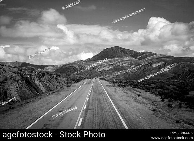 lost desert road in north Argentina quebrada - black and white picture