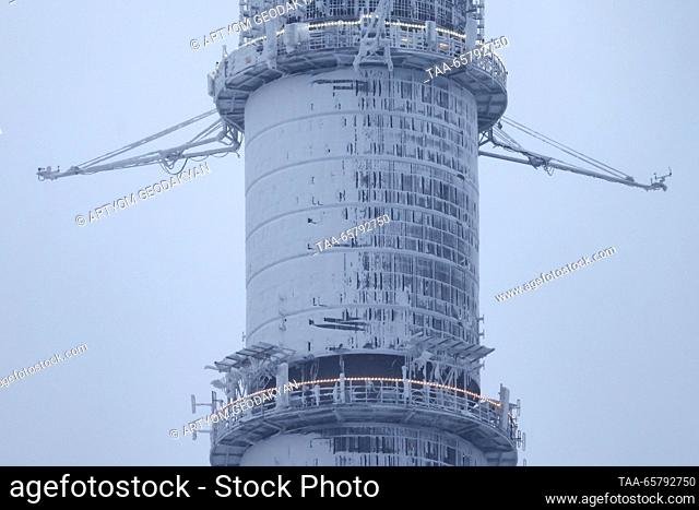 RUSSIA, MOSCOW - DECEMBER 15, 2023: A view of the Ostankino TV Tower after a snowfall. Artyom Geodakyan/TASS