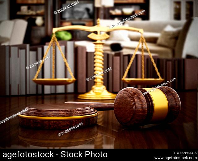 Gavel and balanced scale on wooden table. 3D illustration