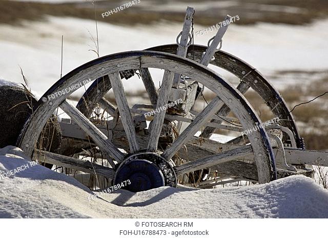 wooden, snow, wheels, wagon, old