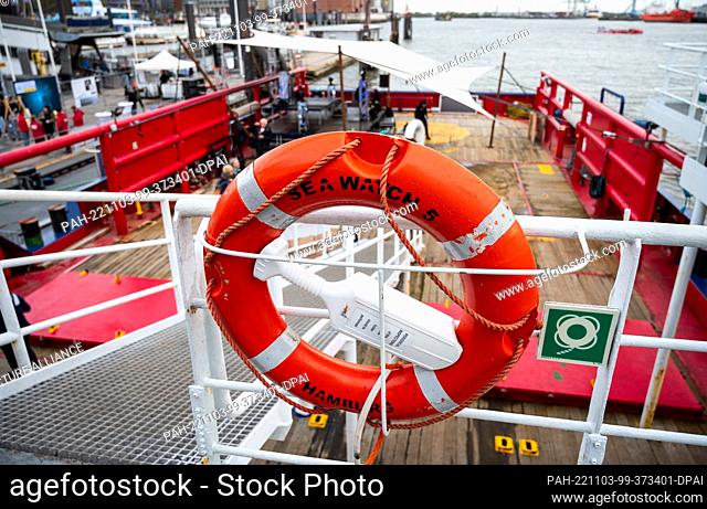 03 November 2022, Hamburg: The rescue ship ""Sea-Watch 5"" of the German aid organization Sea-Watch lies in the harbor on the Elbe