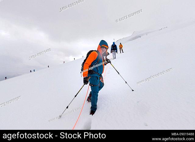 Climber on the way to the Bishorn summit, roped on during a blizzard and heavy fog over the glacier