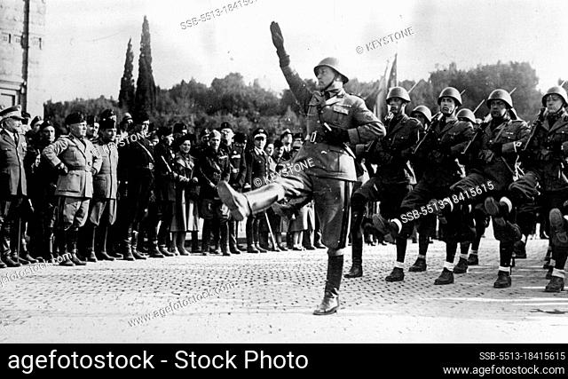 Italy Celebrates The Birth Of Rome.Signor Mussolini (left) matching a rehearsal of the ""Paso Romano"" the Roman Goosestepping with which he expects to impress...