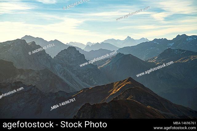 Wild mountain landscape on sunny autumn day. View from Nebelhorn to the Allgäu and Lechtal Alps. View to Großer and Kleiner Wilden