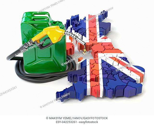 Gasoline and petrol consumption and production in UK Great Britain. Map of UK Great Britain with jerrycan and gas pump nozzle. 3d illustration