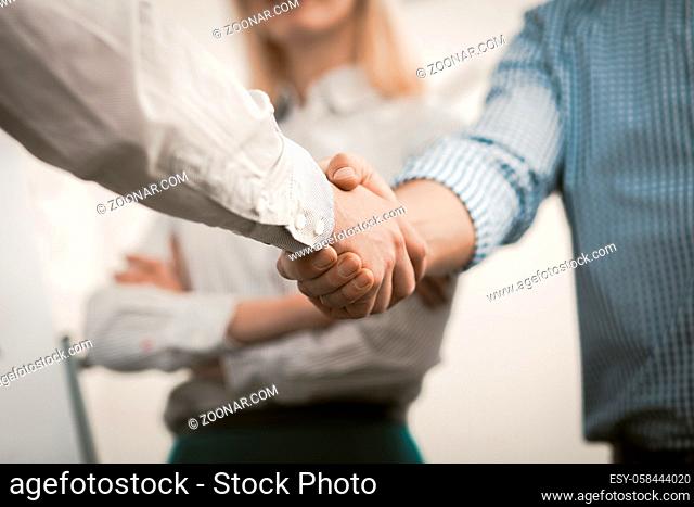 Handshake of businessmen. Two men in formalwear shaking hands in agreement at business meeting in office. Close up shot