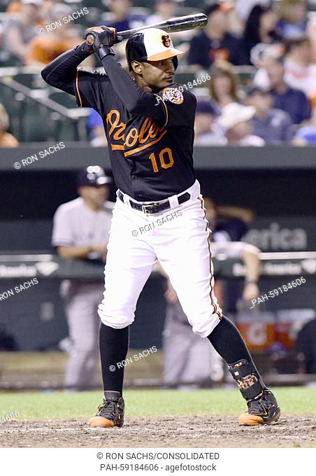 Baltimore Orioles center fielder Adam Jones (10) bats in the eighth inning against the New York Yankees at Oriole Park at Camden Yards in Baltimore