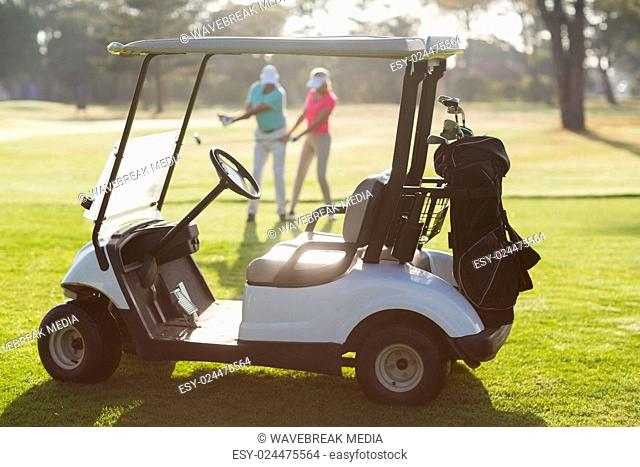 Golf buggy on field during sunny day