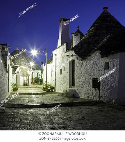 street in the trulli district Rione Monti in Alberobello, Puglia, Italy