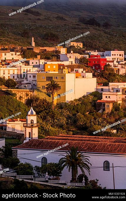 Spain, Canary Islands, El Hierro Island, Valverde, island capital, elevated town view with the Iglesia de Nuestra Senora de la Concepcion church, built in 1767