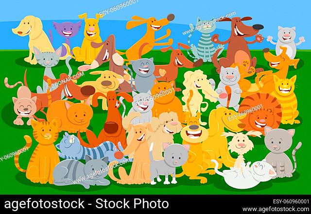 Cartoon illustration of funny cats and dogs comic animal characters group