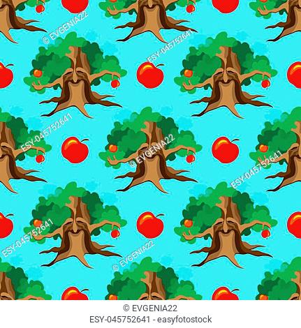 Cute seamless childish patchwork pattern. Adventure of apple tree. Can be used for kitchen textile or bed linen fabric, interior wallpaper design
