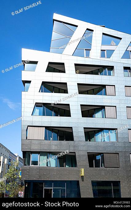 Berlin, Germany, Europe - Exterior view of the exclusive Sapphire residential building on Chausseestrasse in Berlin's Mitte district with 73 apartments and a...