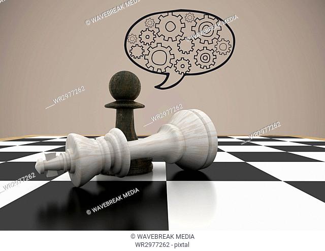 3d Chess pieces against brown background and speech bubble with cogs
