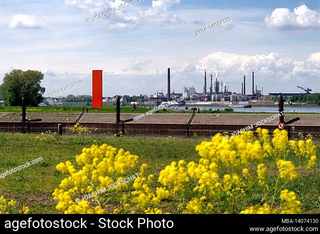 view of the sculpture rheinorange by the sculptor lutz fritsch at the mouth of the ruhr in the rhine, duisburg, ruhr area, north rhine-westphalia, germany