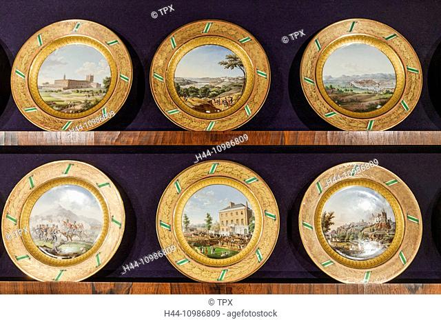 England, London, Westminster, Hyde Park Corner, Apsley House, Display of Dessert Plates Showing Scenes from The Peninsular Wars in Spain and Portugal