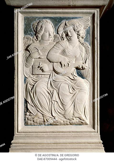 Musical angels, 1449-1457, by Agostino di Duccio (1418-after 1481), marble relief, Italian Malatesta Temple (Tempio Malatestiano), Rimini