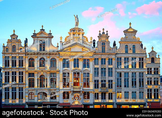 Brussels Grand Place. North-east part. Row of old beautiful stone buildings facades