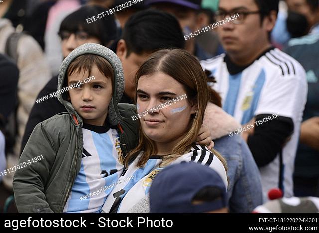 December 18, 2022, Mexico City, Mexico: Argentine fans attend the FIFA Fan Fest at the Monument to the Revolution to support their team in the FIFA World Cup...