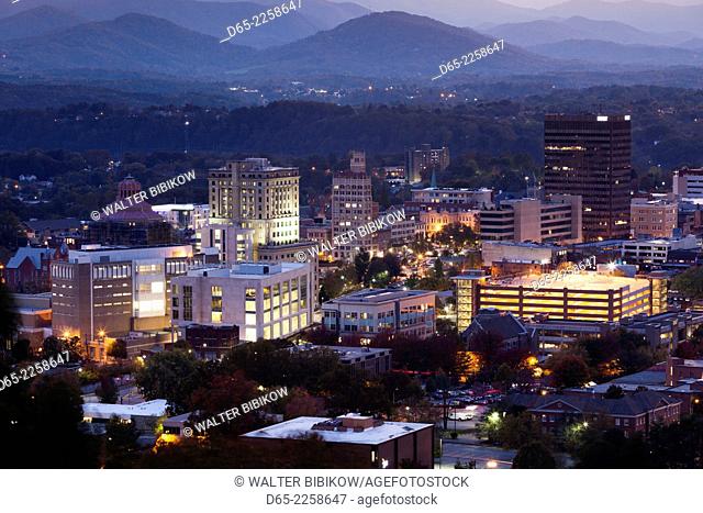 USA, North Carolina, Asheville, elevated city skyline, evening