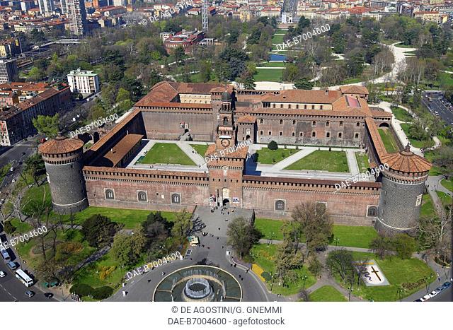 Aerial view of the Sforza Castle, Milan, Lombardy. Italy, 14th-15th century