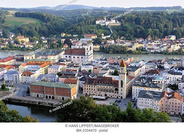 View from Veste Oberhaus fortress over the historic town centre between the Inn and Danube rivers, Passau, Lower Bavaria, Bavaria, Germany, Europe, PublicGround