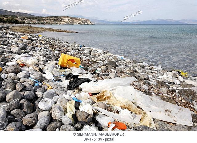 Polluted beach in Pachia Ammos, Gulf of Mirabello (Mirambello), Eastern Crete, Greece