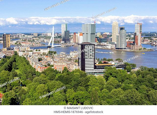 Netherlands, South Holland, Rotterdam, view from Euromast park Het Park, New Meuse and Southbank (Hotel New York opened in 1993 in the old building of the...