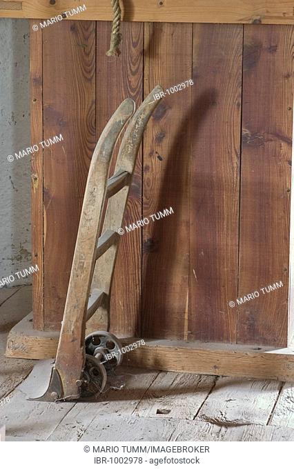 Sack barrow, detail inside an old Dutch Windmill in Woldegk, Mecklenburg-Strelitz, Mecklenburg-Western Pomerania, Germany, Europe