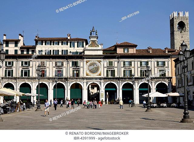 Clock tower with historical astronomical clock, Piazza della Loggia, Province of Brescia, Lombardy, Italy