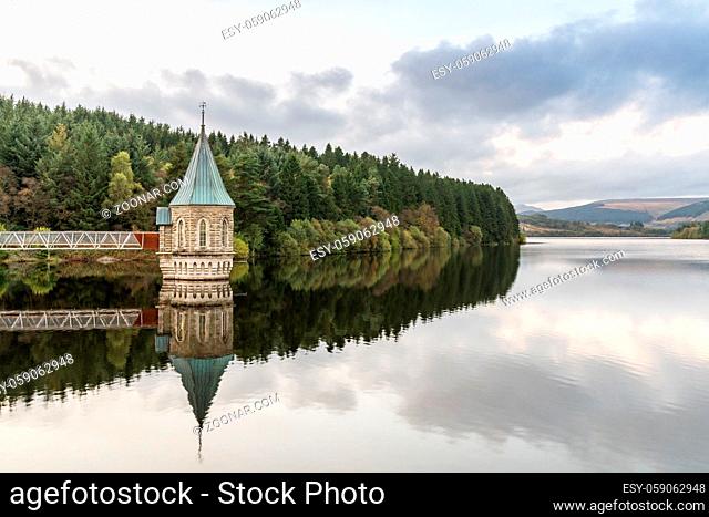 Evening view over the Pontsticill Reservoir and the Valve tower near Merthyr Tydfil, Mid Glamorgan, Wales, UK