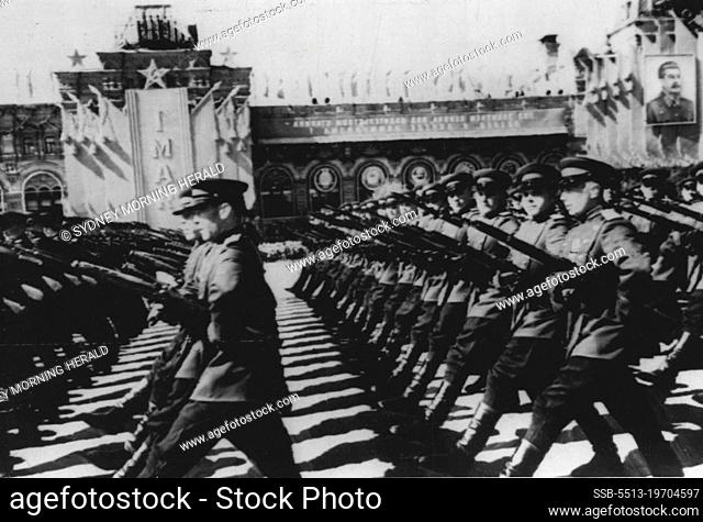 May Day in Moscow-Troops Parade -- This radio picture from Moscow, released by Sovphoto, shows, according to the Caption accompanying it; the May Day parade of...