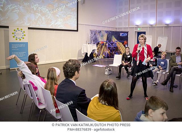 Princess Laurentien of The Netherlands leads an dialogue session between children of group 7 from the O.B.S. het Volle Leven school in Scheveningen and the...